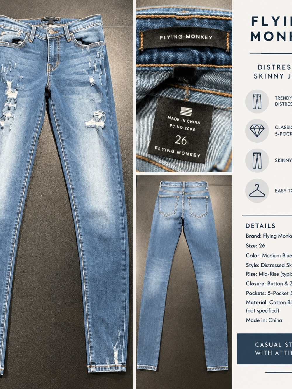 Flying Monkey Light/Medium Blue Distressed Skinny Jeans